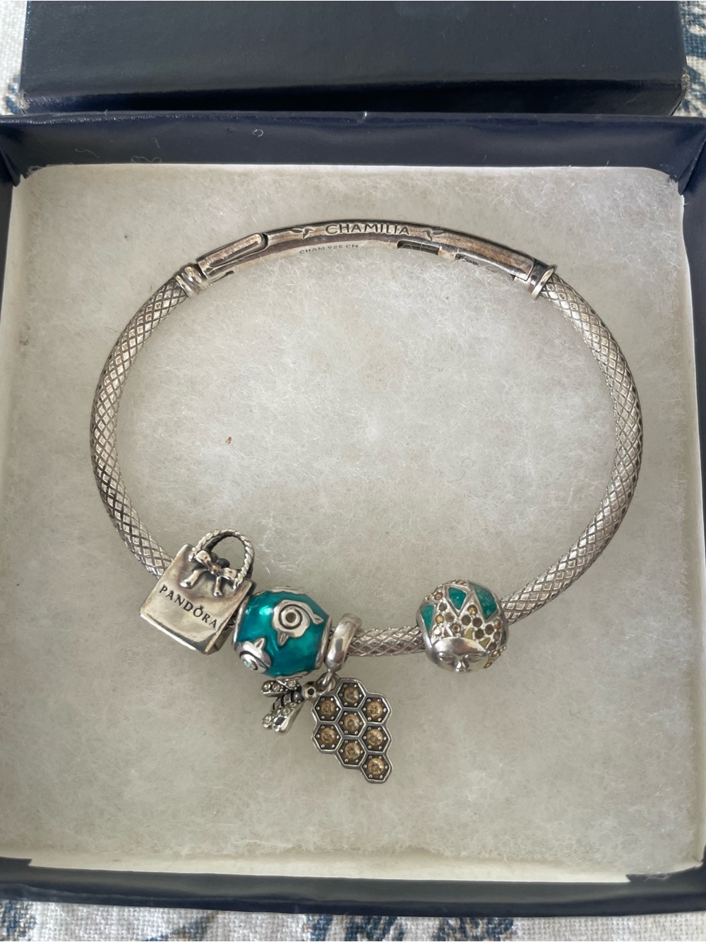 Camilla Sterling Silver Bracelet with Turquoise Charms, one Pandora charm
